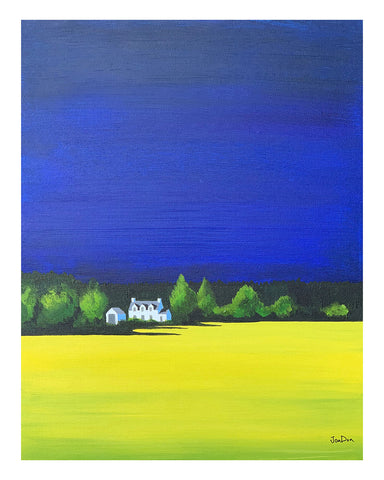 'Cottage with blue and yellow' - (unframed)